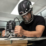 Trend Airshield Pro Respirator Face Shield Dust Mask Set in action at woodworking site