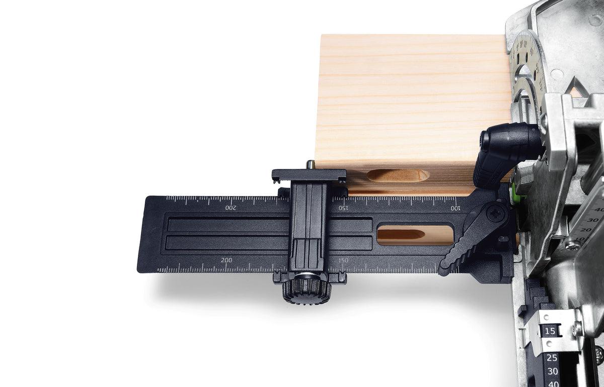 Festool Domino Cross Stop Attachment on woodworking joiner. Dual cross stops for precise mortise spacing