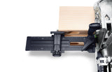 Festool Domino Cross Stop Attachment on woodworking joiner. Dual cross stops for precise mortise spacing