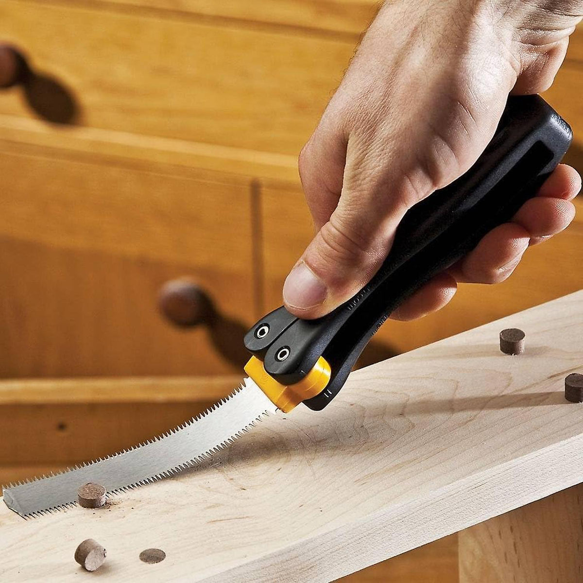 FastCap Pocket Flush Cut Pull Saw Foldable - Close-up of folding handle detail. Perfect for on-the-go woodworking