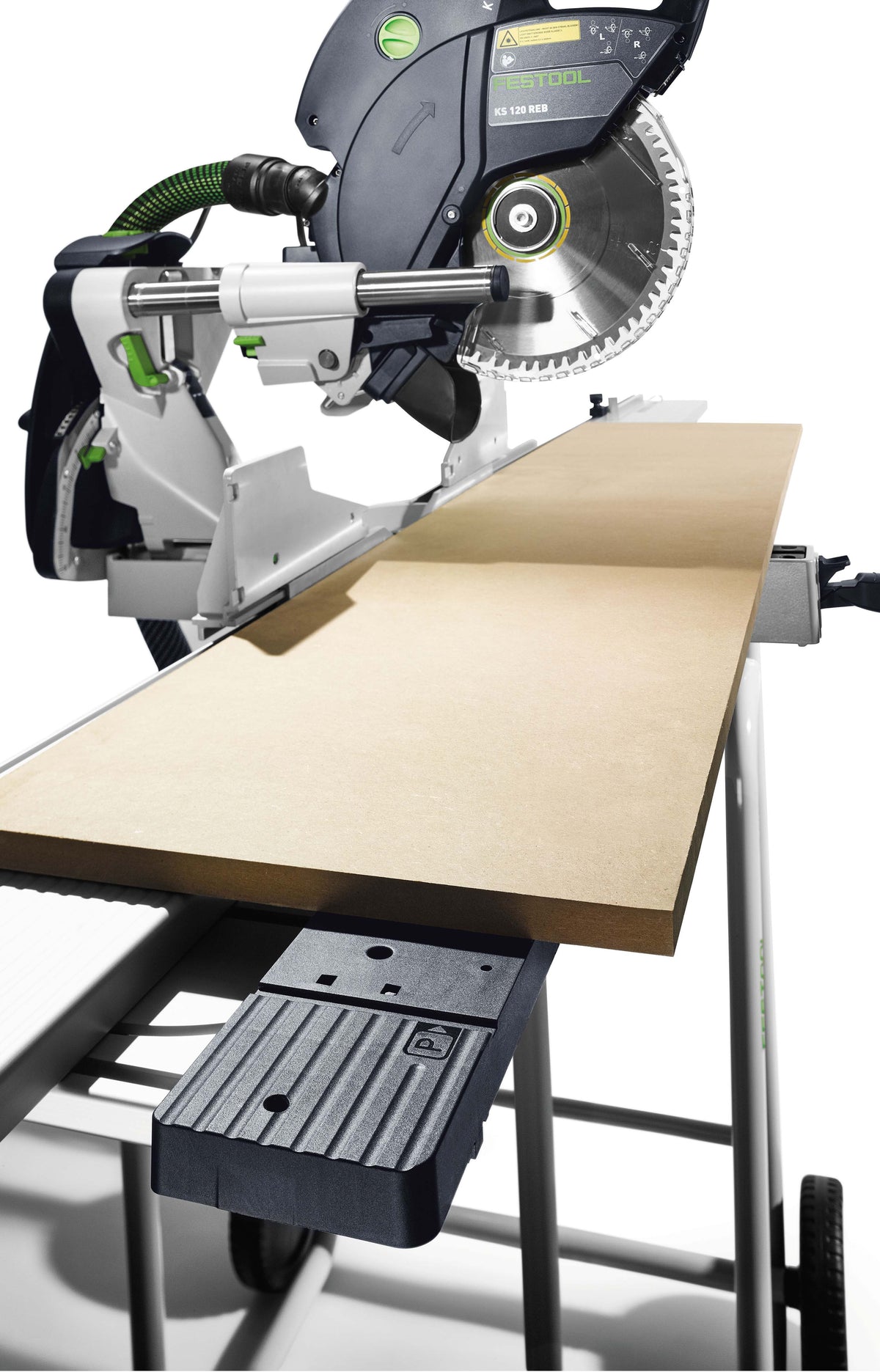 Festool KS 120R Set KAPEX 260mm Slide Compound Mitre Saw in action, showcasing precision cuts and unique design