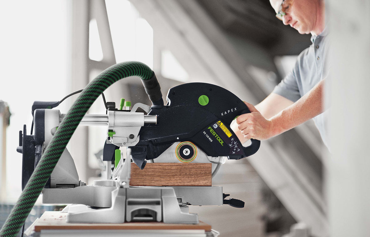 Festool KS 120R Set KAPEX 260mm Slide Compound Mitre Saw cutting skirting board at an angle