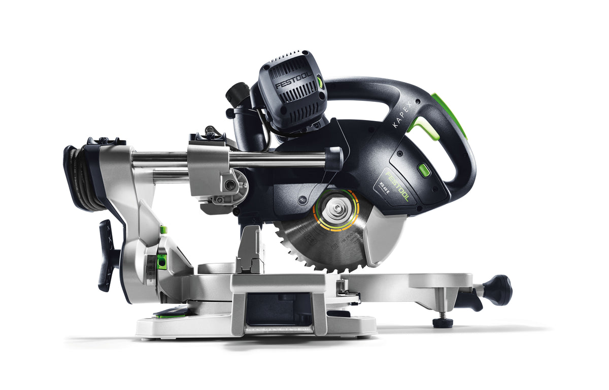 Festool KS 60 KAPEX 216mm Slide Compound Mitre Saw, angled view with LED spotlight