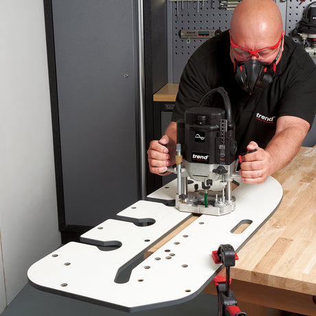 Trend 700mm Kitchen Worktop Router Jig in action, ensuring precise fitting for professional and DIY use