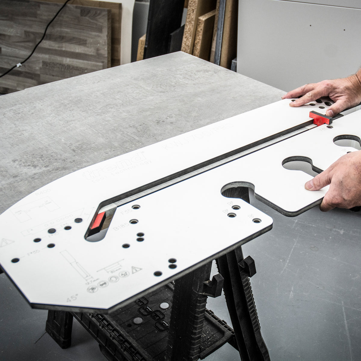 Trend 700mm Professional Kitchen Worktop Router Jig, showcasing precise CNC-machined Compact Grade High-Pressure Laminate construction