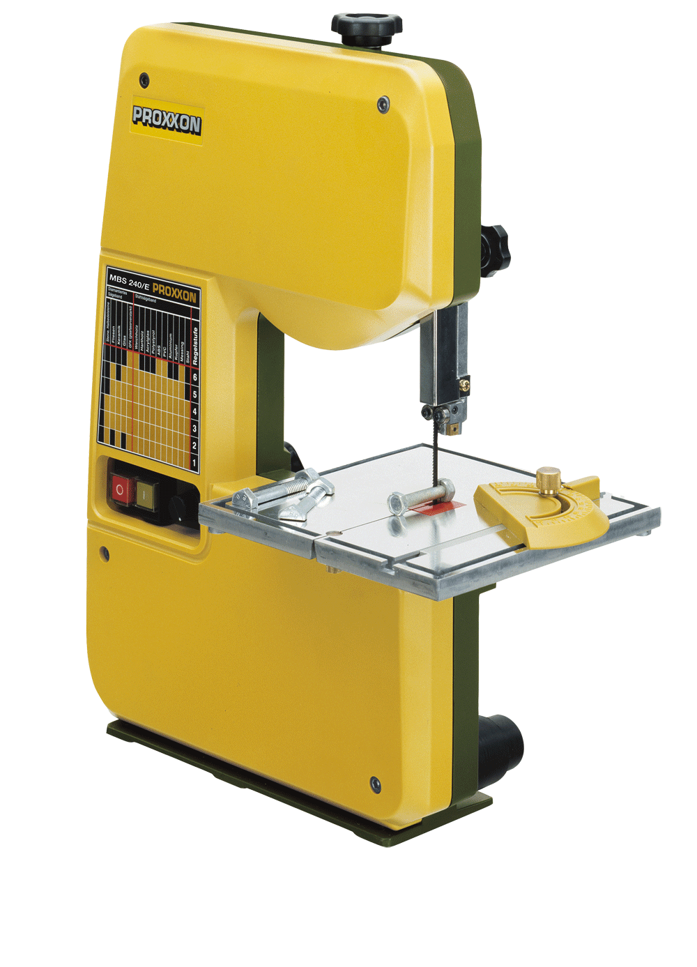Compact PROXXON MBS-240/E Micro Bandsaw cutting tool in action on a workbench