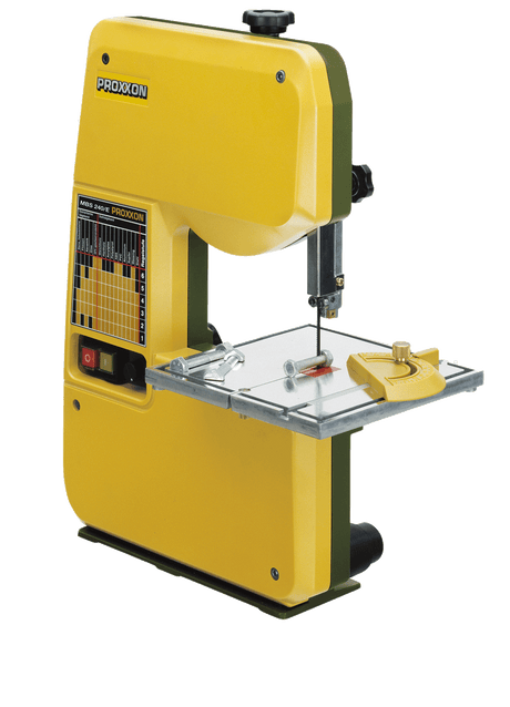 Compact PROXXON MBS-240/E Micro Bandsaw cutting tool in action on a workbench