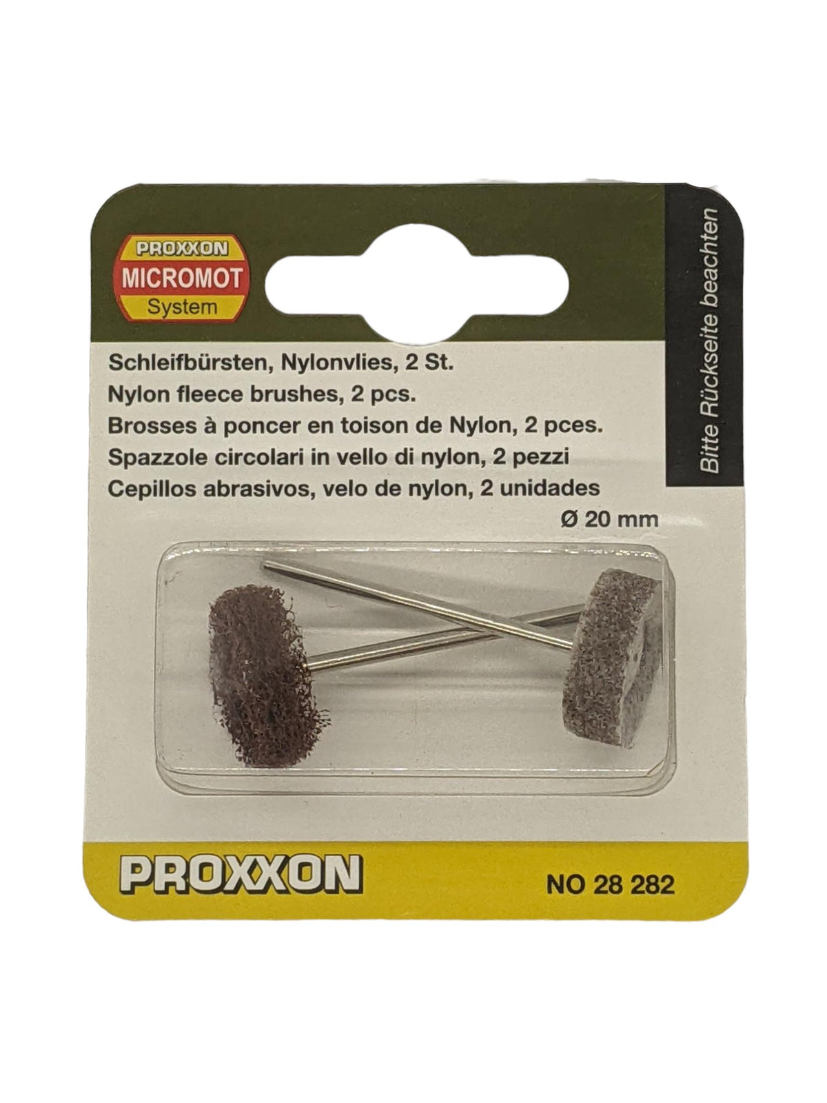PROXXON Cylindrical Nylon Fleece Brushes 20mm Pack of 2 for Rotary Tools - Versatile metal surface finishing tool in action