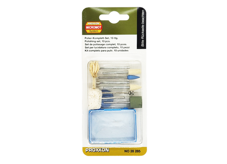 PROXXON 10-piece polishing set for rotary tools with various shapes and materials for precise polishing