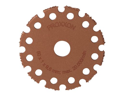 PROXXON Tungsten Carbide Cutting Disc 20mm Diameter in use on woodworking project