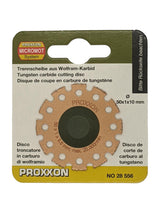 PROXXON Tungsten Carbide Cutting Disc 20mm Diameter in use on wood surface