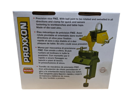 Proxxon Precision Vice 70mm Universal Holder in action, showing 360-degree rotation and 90-degree tilting capabilities