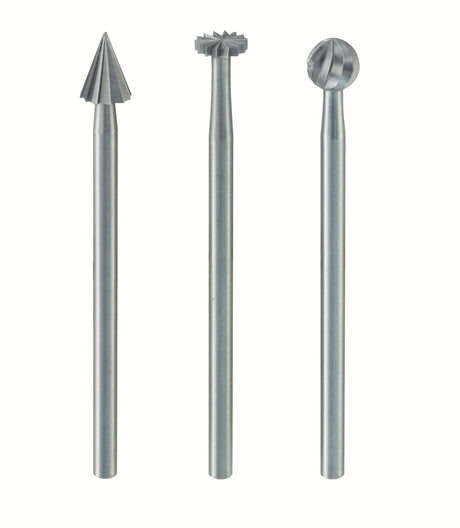 PROXXON Tungsten Vanadium Milling Bits 5mm Pack of 3 assorted shapes close-up view
