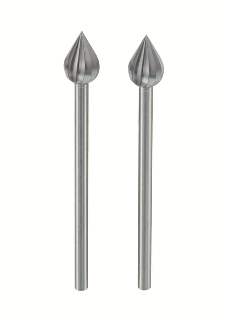PROXXON 6mm Tungsten Vanadium Flame Milling Bits - Pack of 2 - Close-up detail showing precise flute design