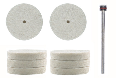 PROXXON Felt Polishers 22mm Cylindrical Pack of 10 in use on metal, ceramics, porcelain, wood, and plastics