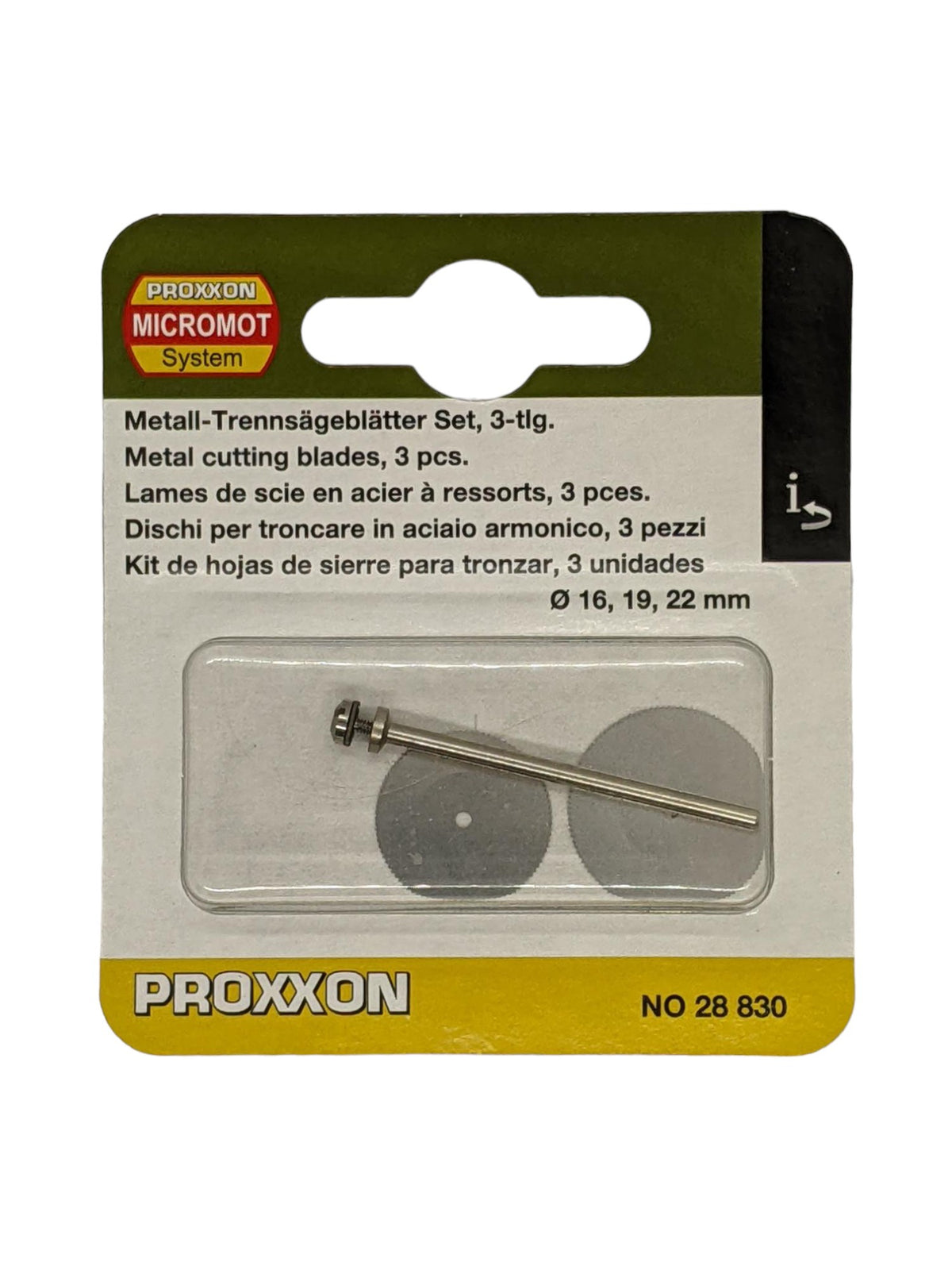 PROXXON Set of 3 assorted spring steel metal cutting blades in action