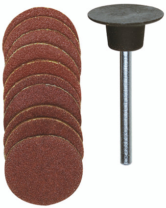 PROXXON Pack of 10 Corundum Sanding Discs 18mm and Sanding Pad on wood surface