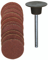PROXXON Pack of 10 Corundum Sanding Discs 18mm and Sanding Pad on wood surface