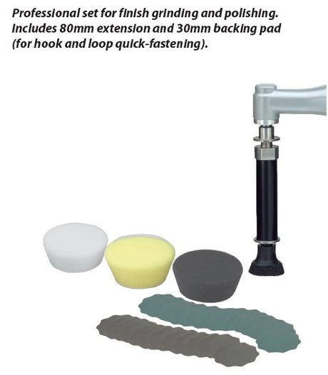 PROXXON Professional Polishing and Grinding Set for Angle Polisher, with 80mm extension and 30mm backing pad. Great for precise work in tight areas
