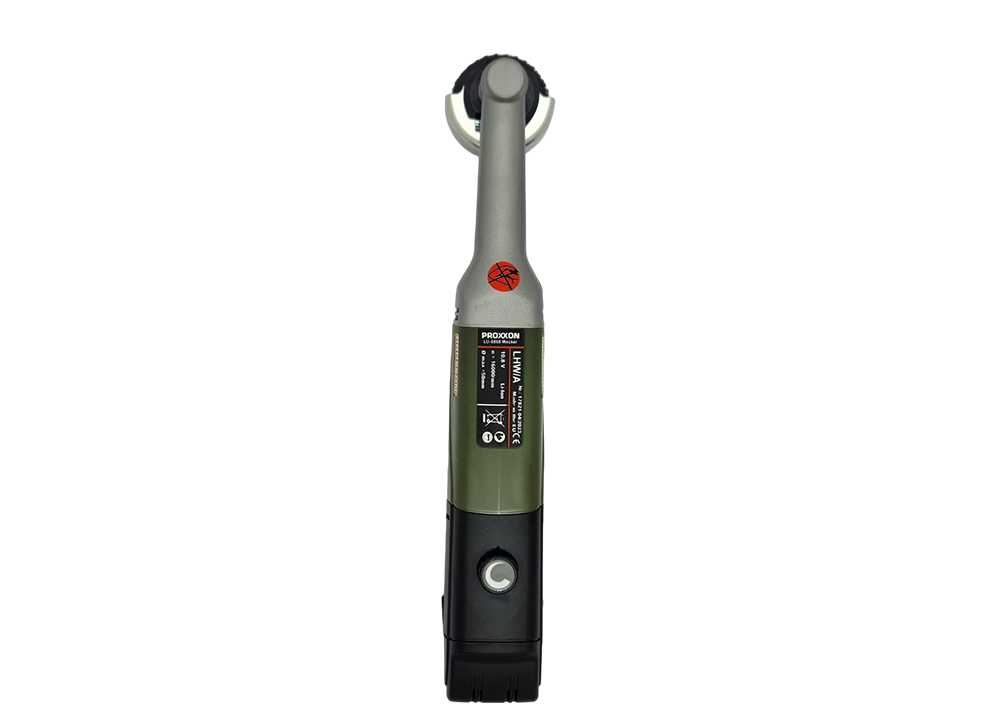 PROXXON MICROMOT LHW/A Long Neck Angle Grinder Battery Powered Variable Speed side view die-cast aluminium gear head glass-fibre reinforced polyamide housing