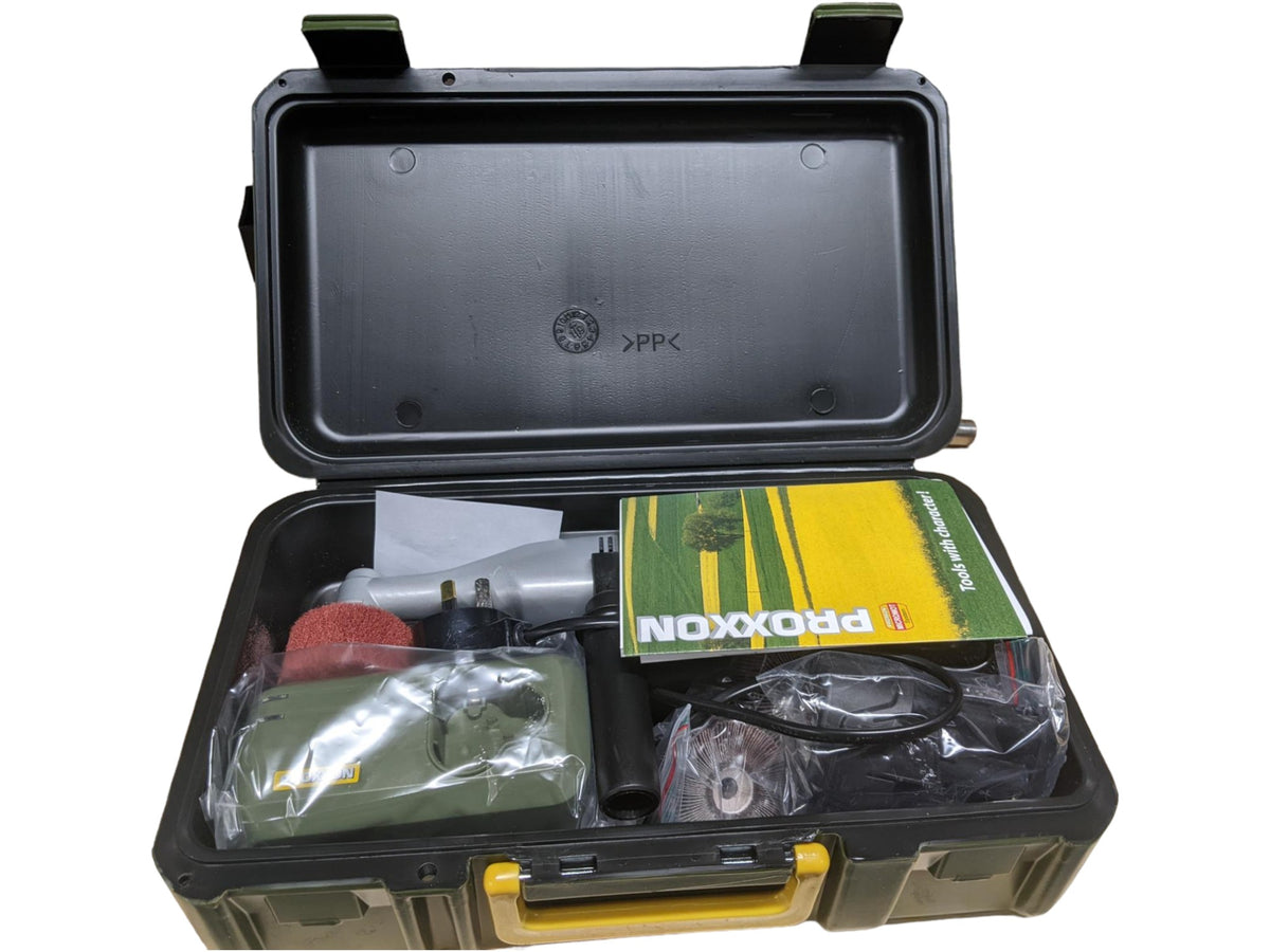 PROXXON WAS/A Cylinder Sander Kit in use for precision surface finishing on stainless steel