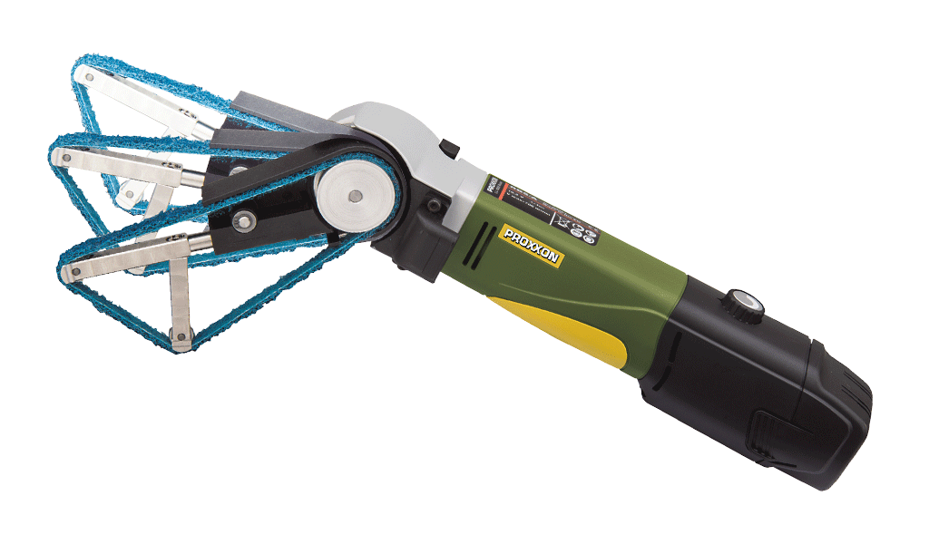 Battery-powered PROXXON MICROMOT RBS/A Tube Belt Sander Kit in use on intricate woodworking project