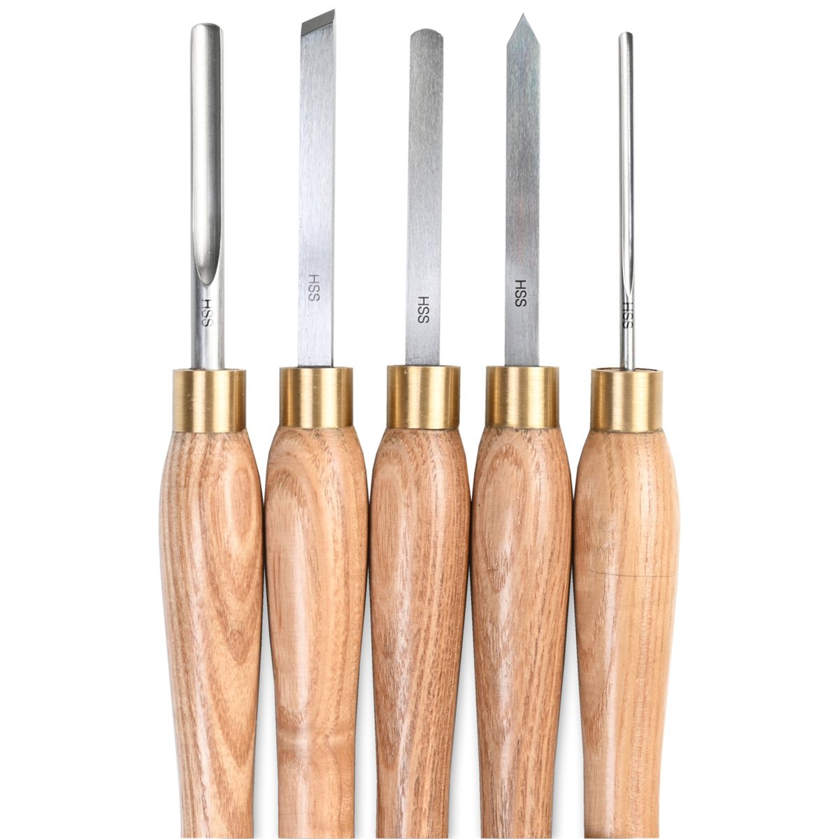 PROXXON Micro Wood Turning Chisels Set - Close-up view of high-speed steel chisels with timber handles
