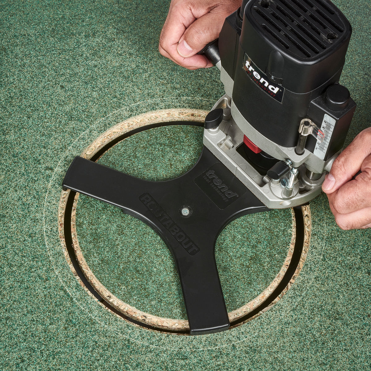 Trend Routabout Floor Access Router Jig cutting precise 250mm diameter opening in chipboard floor