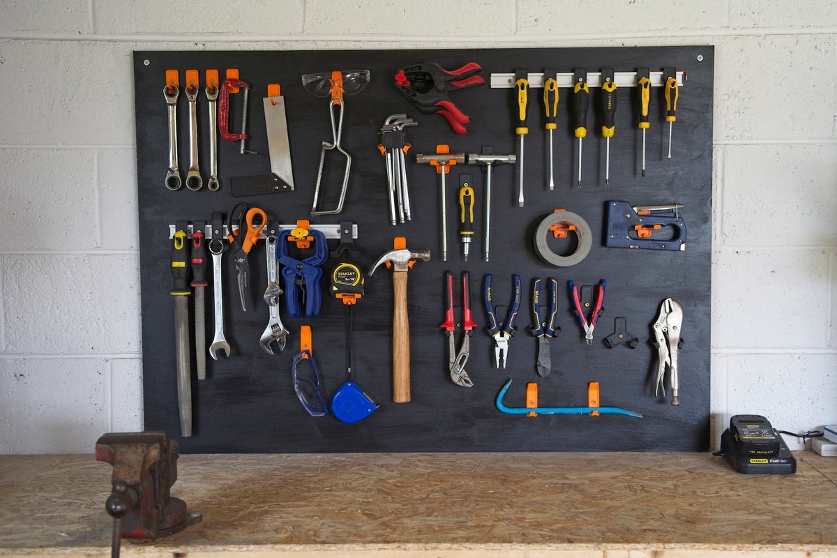 Black modular tool wall hooks bundle for garages and workshops, with great weight capacity, from Superhooks