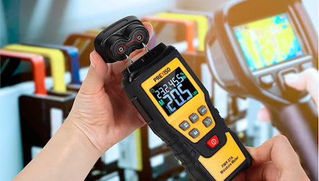Prexiso Moisture Meter Pinned Resistance with Case in use on timber slab