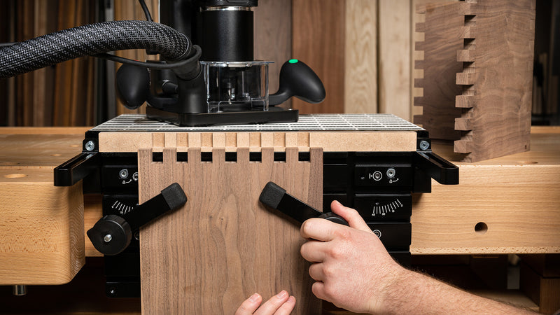Shaper Origin Handheld CNC Router with Workstation showcasing perfect box joints